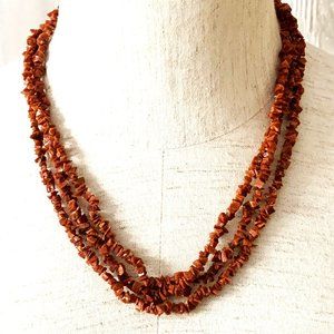 Vintage 3 Strand Goldstone Red Gemstone Chip Necklace